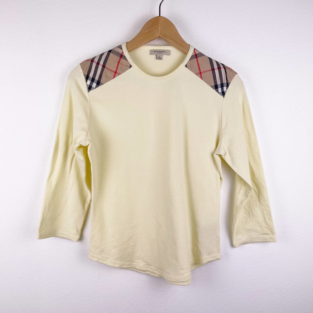 Burberry Pale Yellow Nova Check Shoulder Patches 3/4 Sleeve Shirt Women's Large